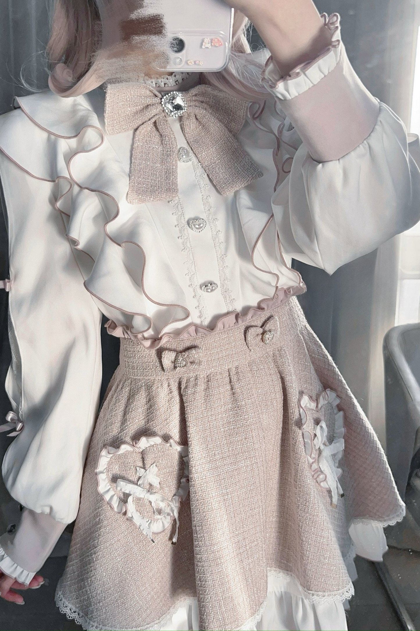Lace Shoulder Ribbon Blouse + Skirt