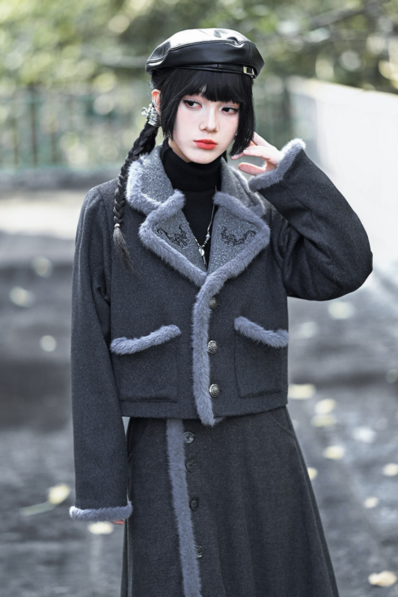 Retro Mode Faux Fur Short Jacket + Skirt