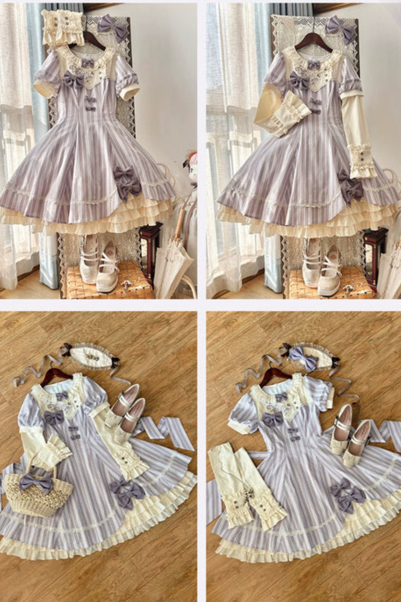 [pre-order] Striped Lolita Dress + Ribbon Clip