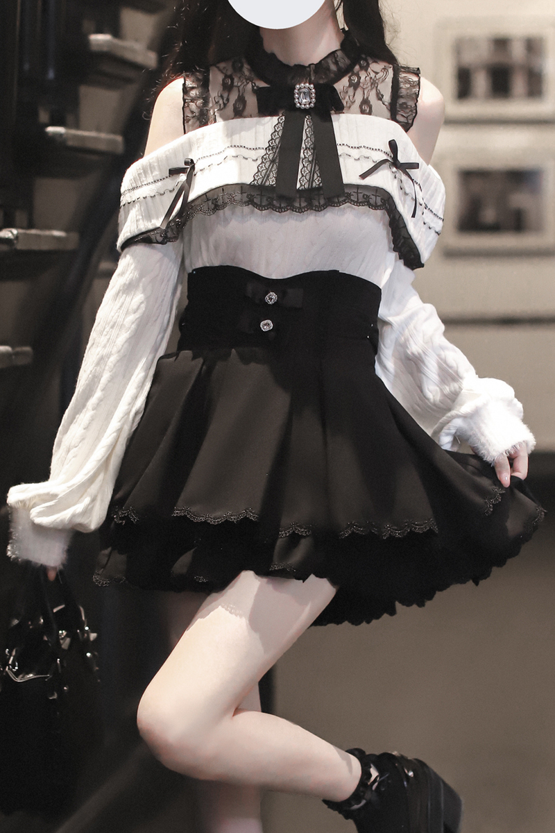 Ribbon Knit Off the Shoulder + Mermaid Skirt + Short Skirt + Ribbon