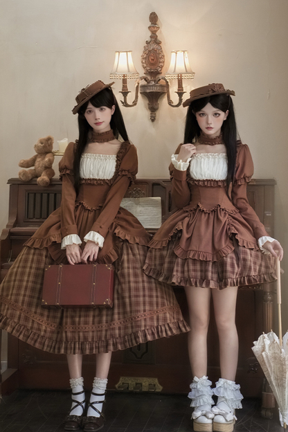 Sweet Checked Doll Dress + 2-way Ribbon + Bow + Hat