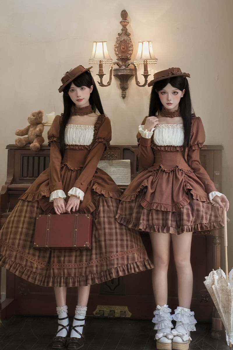 Sweet Checked Doll Dress + 2-way Ribbon + Bow + Hat