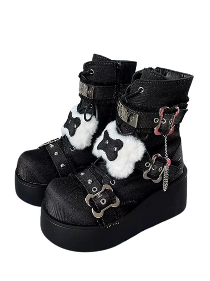Small Bone Denim Round Toe Platform Short Boots