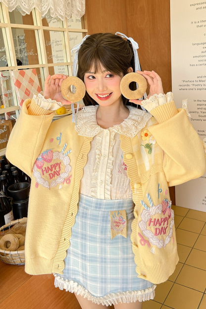 [pre-order] Strawberry Shortcake + Plaid High Waist Skirt + Custard Cardigan