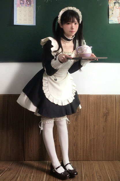 Twin Ruffle Maid Lolita Dress + Apron + Choker + Headband + Bow + Leg Warmers