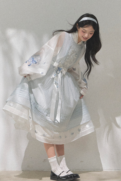 Pure White Chinese Dress + Cover Apron + Belt