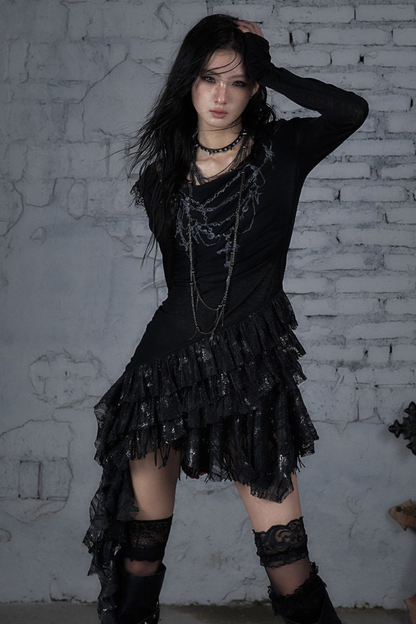 Punk Lace Hood Asymmetrical Dress
