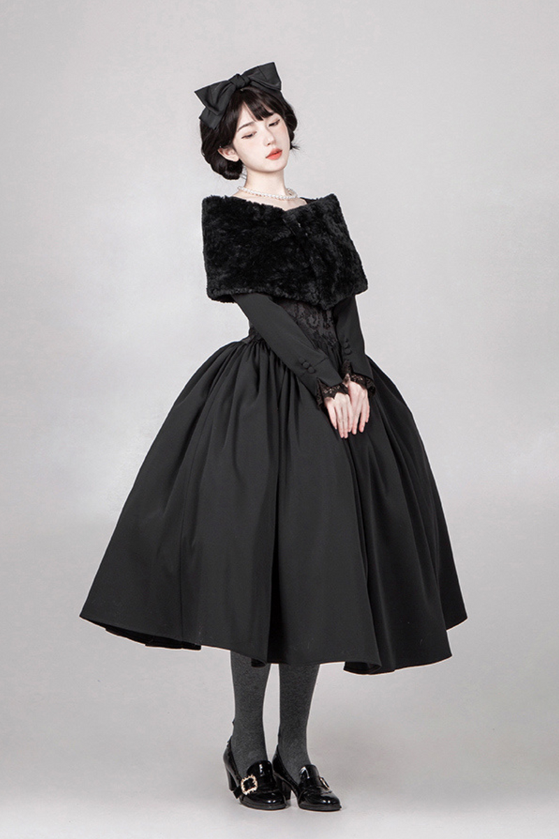 [pre-order] Dark Sweet Lolita Dress + Faux Collar + Necklace + Jacket + Ribbon + Sleeve + Fur Shawl