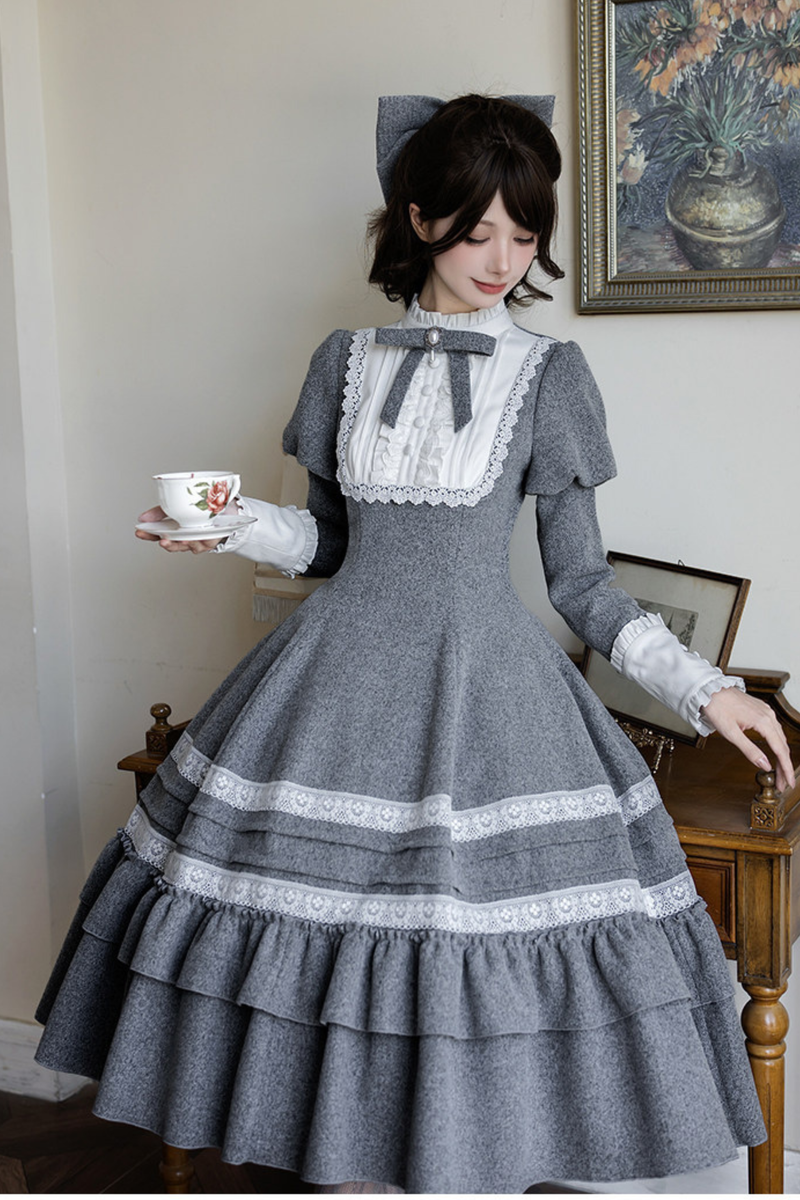 Ruffled Cape Coat + Dress + Hair Accessories + Brooch