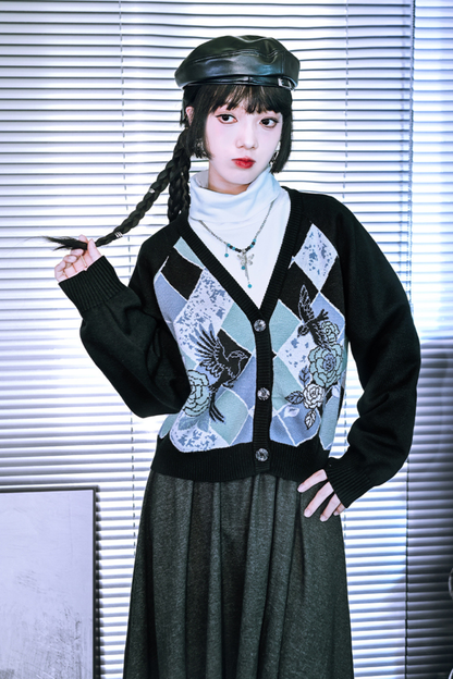 Argyle Cardigan + Asymmetric Skirt