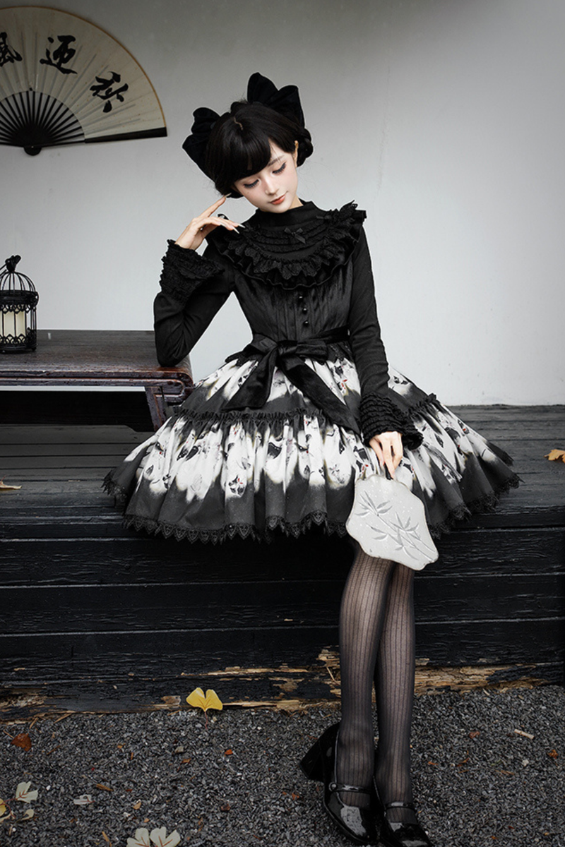 Butterfly Print Swing Lolita Dress + Jumper Skirt + Hairband + Innerwear + Ribbon
