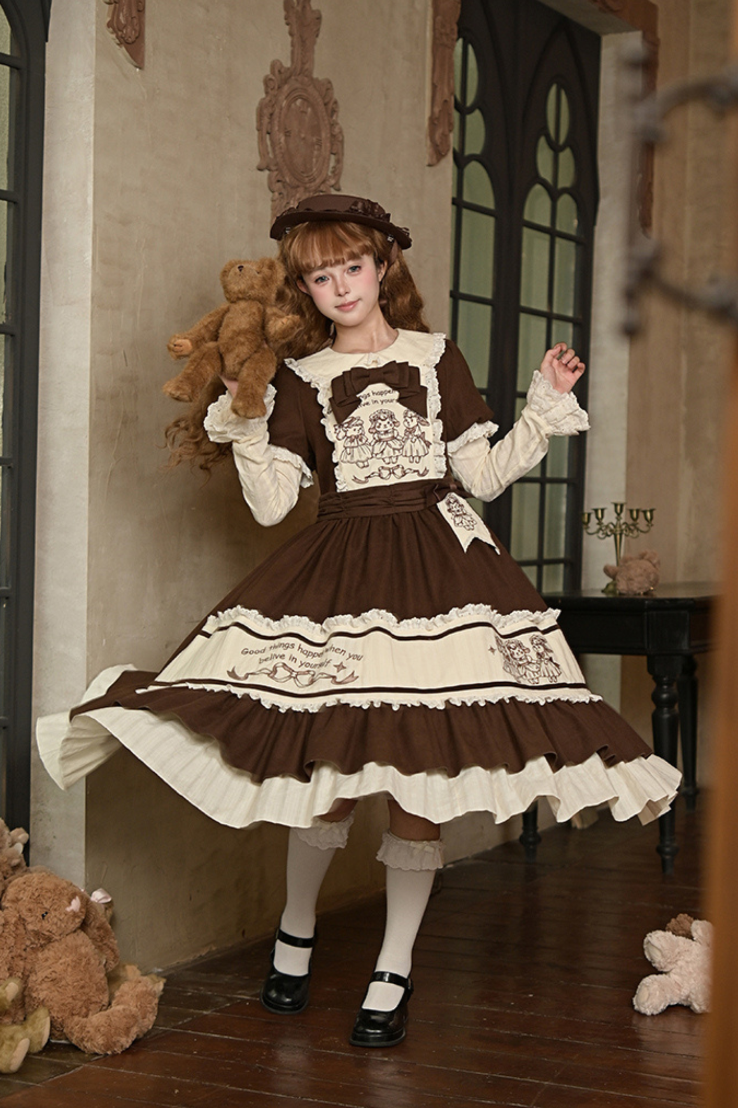 Doll Fairytale Lolita Dress + Bow Brooch + Belt + 2way Embroidery Brooch