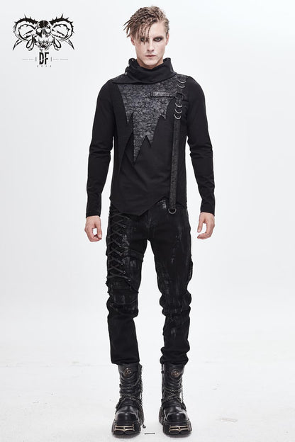 Black Worn Out Cross Shaped Hasp High Collar Asymmetric Hem Punk T-shirt