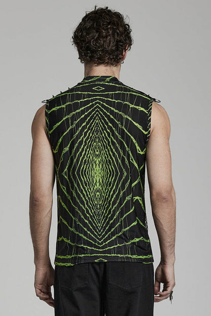 Halo Print Sleeveless Stitching Mesh Rivets Steampunk T-shirt 2 Colors