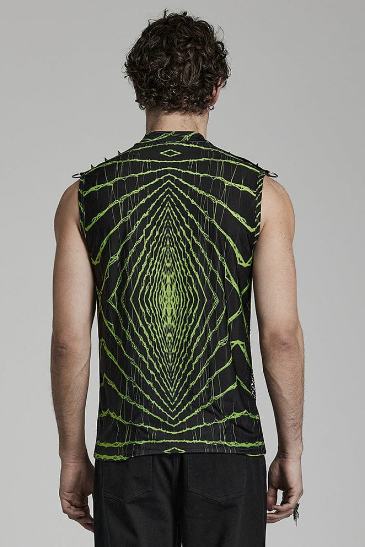 Halo Print Sleeveless Stitching Mesh Rivets Steampunk T-shirt 2 Colors