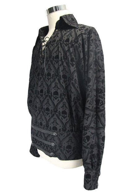 Black Lace Up Neckline Skull Printed Gothic Blouse