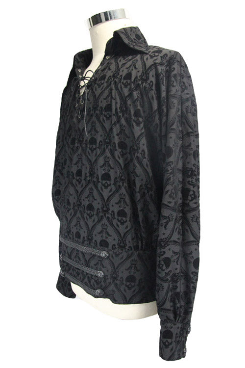 Black Lace Up Neckline Skull Printed Gothic Blouse