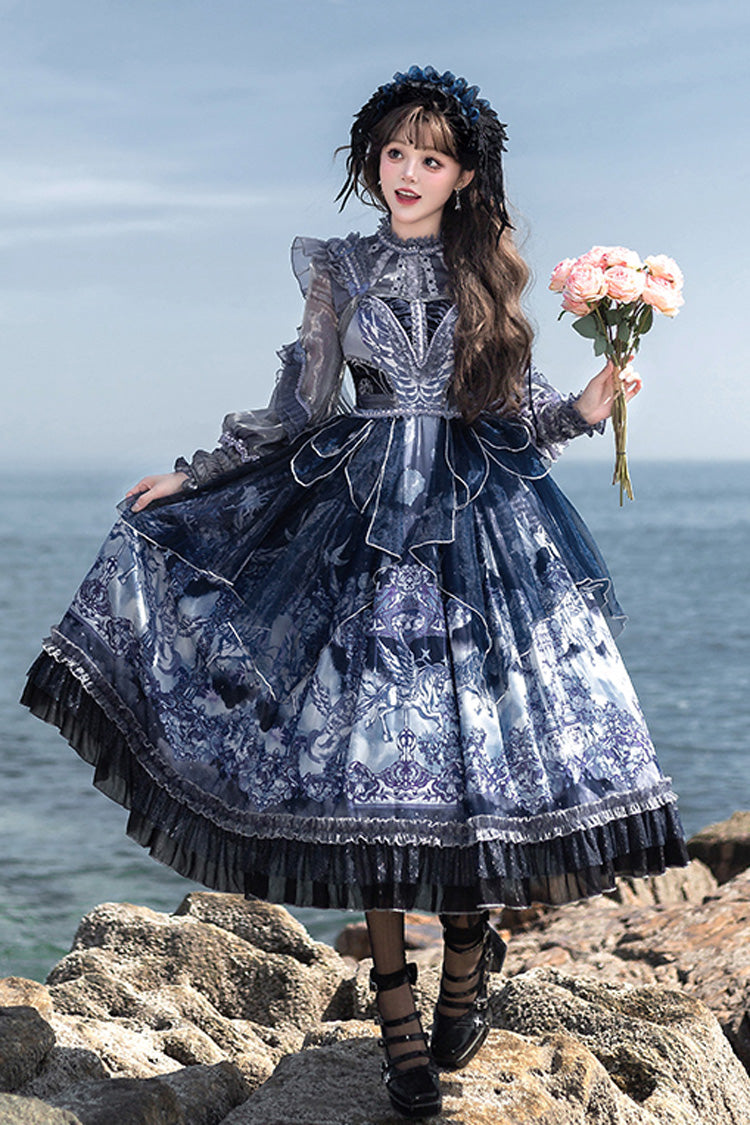 Blue [angel Garden] Print Ruffle Bowknot Asymmetric Classic Lolita Jsk Dress