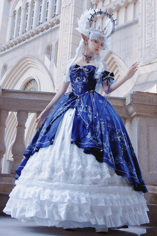 [pre-order Deadline: May 3] Dark Blue White Corset Lace Ribbon Lolita Jsk Princess Dress + Complete Set
