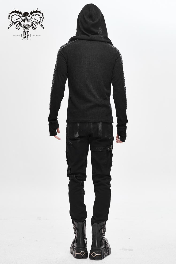 Black Chest Lace Up Vertical Stripes Woolen Splice Bright Crimped Fabric Hooded Punk T-shirt