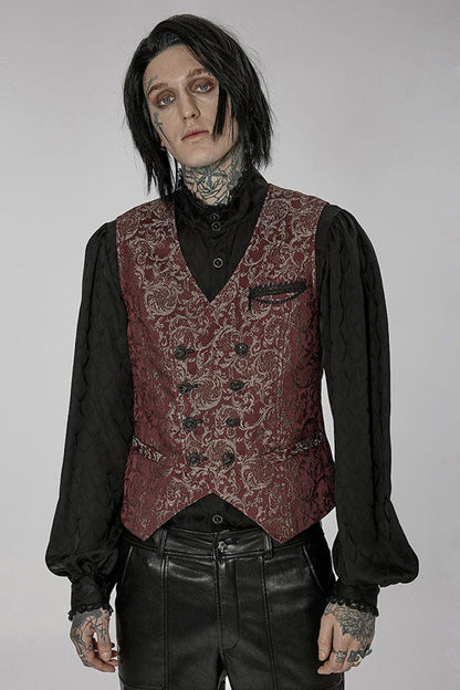 Red Punk V Neck Asymmetrical Relief Sculpture Jacquard Double Row Hand Seam Button Vest