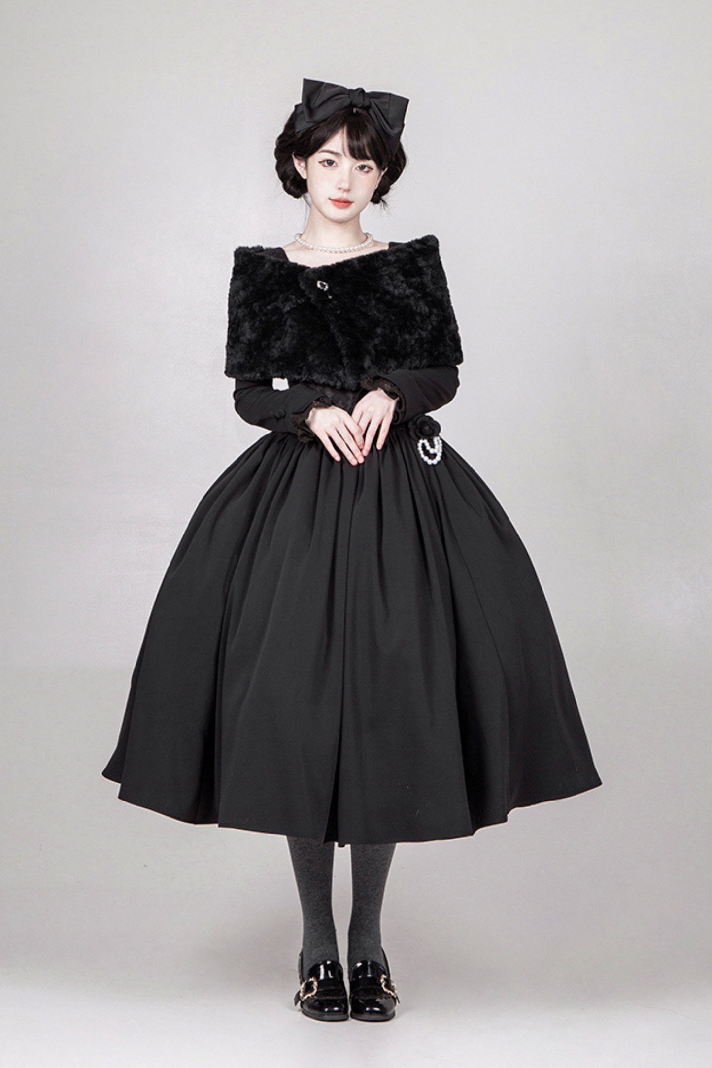 [pre-order] Dark Sweet Lolita Dress + Faux Collar + Necklace + Jacket + Ribbon + Sleeve + Fur Shawl