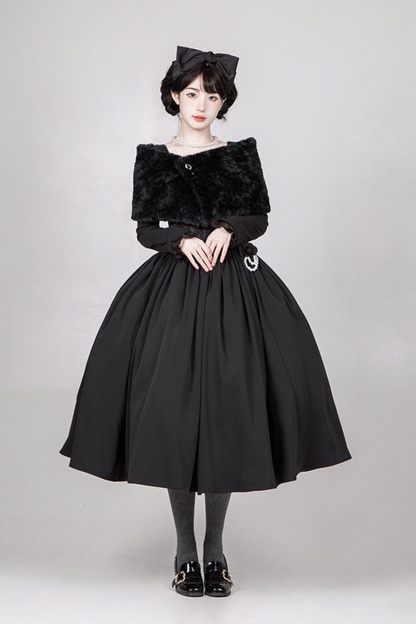[pre-order] Dark Sweet Lolita Dress + Faux Collar + Necklace + Jacket + Ribbon + Sleeve + Fur Shawl