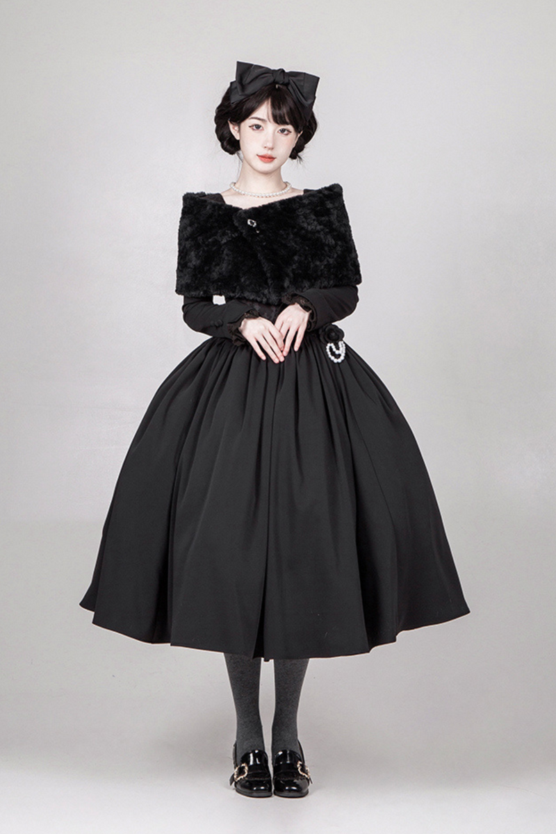 [pre-order] Dark Sweet Lolita Dress + Faux Collar + Necklace + Jacket + Ribbon + Sleeve + Fur Shawl