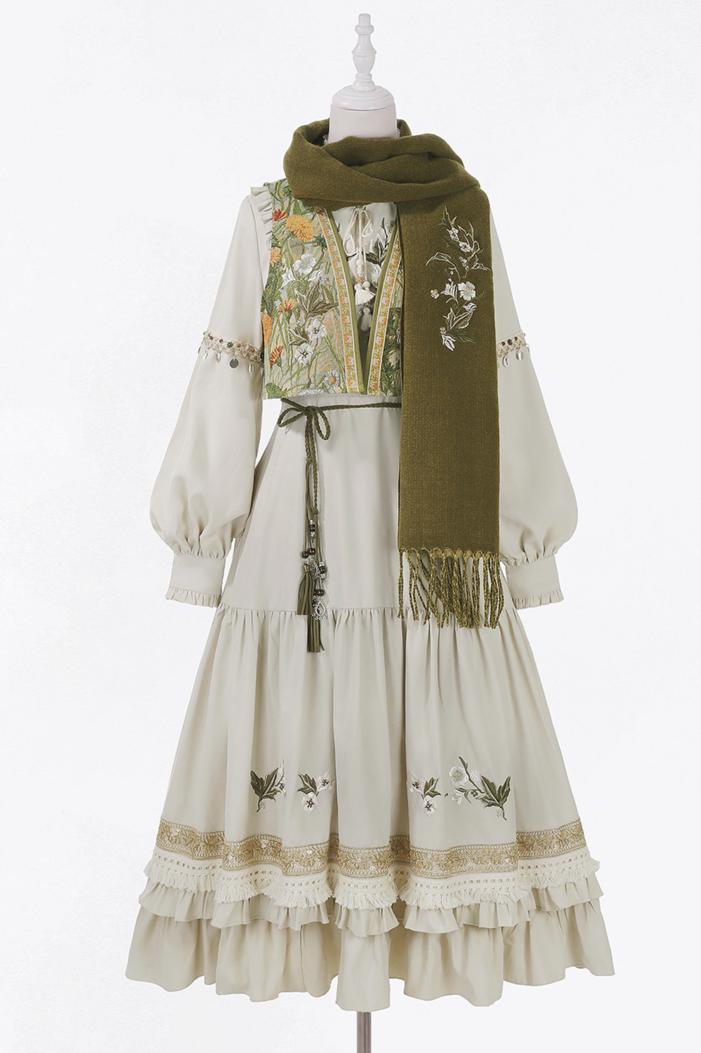 Pastoral Lolita Long Sleeve Dress + Vest + Scarf