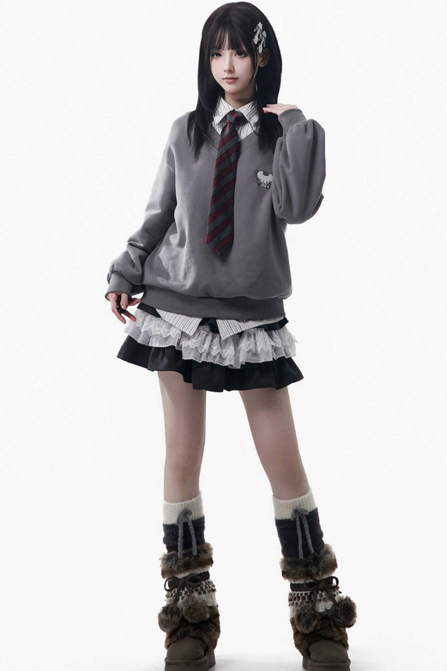 Big Fur Collar Jacket + Top + Skirt + Pants + Plaid Hooded Jacket