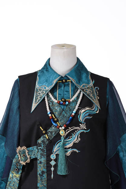 Ruan Chinese-style Top + Vest + Wide Leg Pants + Necklace