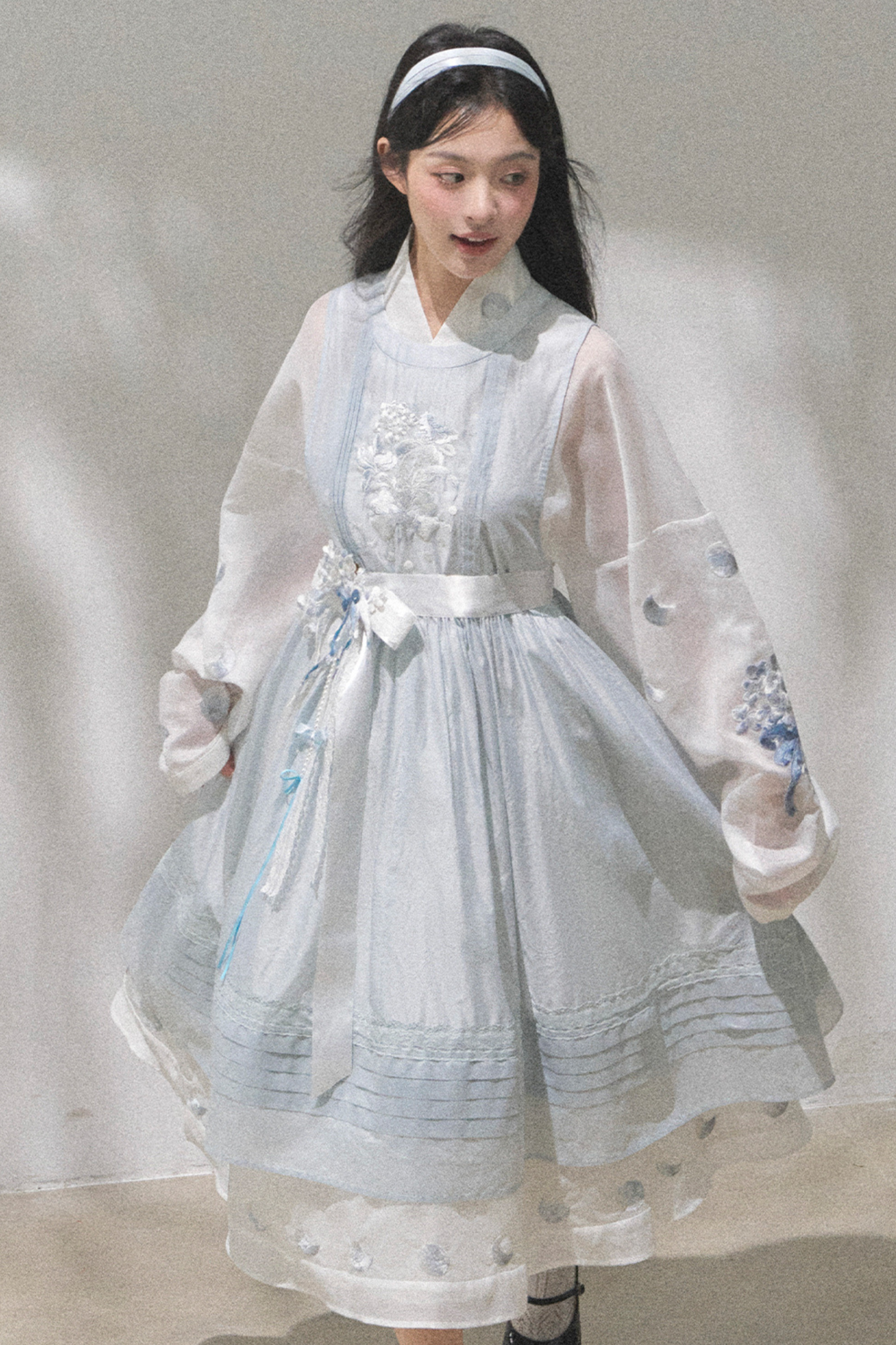 Pure White Chinese Dress + Cover Apron + Belt