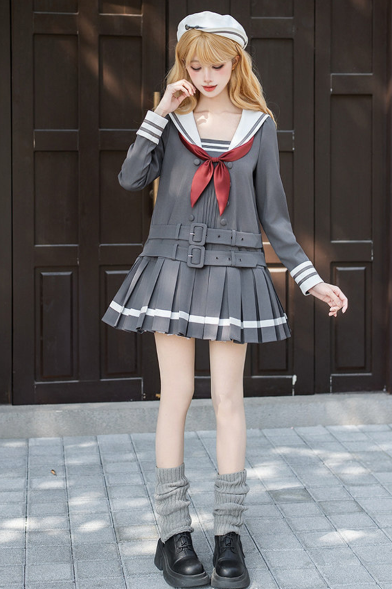 Sailor Collar Pleated College Dress + Ribbon + Hat