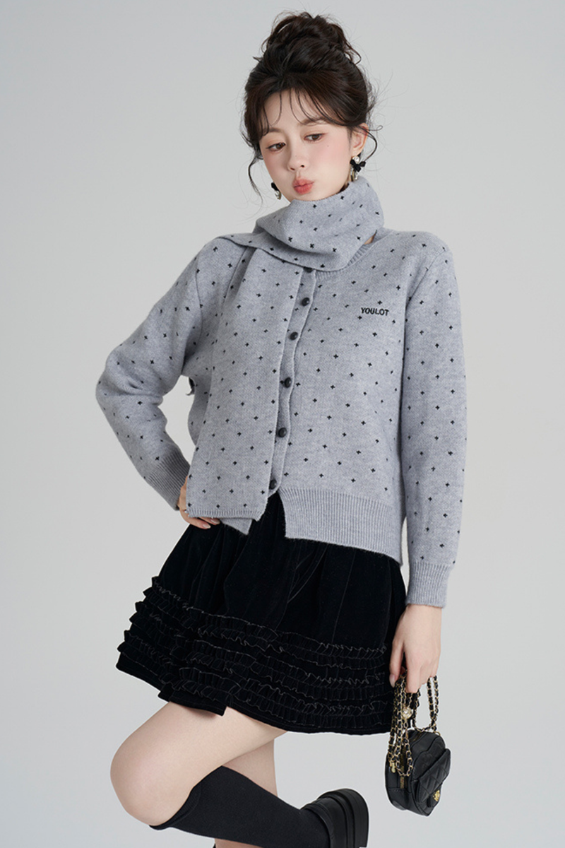 French Style Dotted Cardigan With Scarf