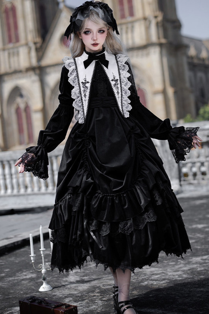 Gothic Doll Multi-tiered Dress + Belt + Fake Collar + Hairband