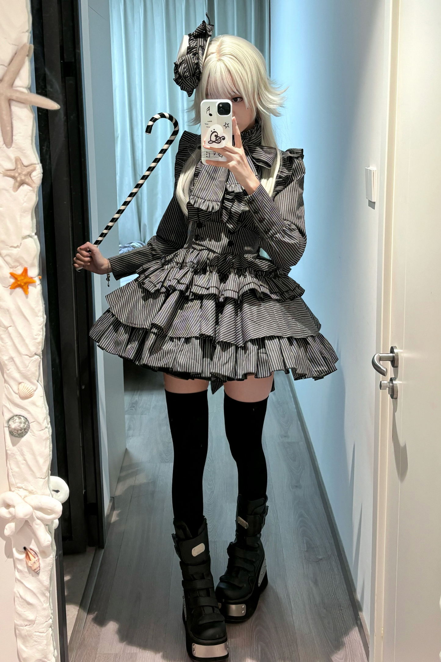 Striped Gothic Lolita Shirt + Tiered Skirt