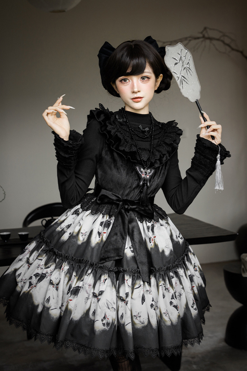 Butterfly Print Swing Lolita Dress + Jumper Skirt + Hairband + Innerwear + Ribbon