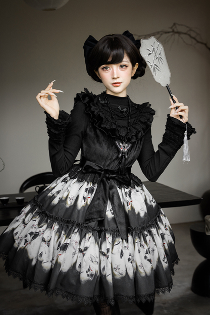 Butterfly Print Swing Lolita Dress + Jumper Skirt + Hairband + Innerwear + Ribbon