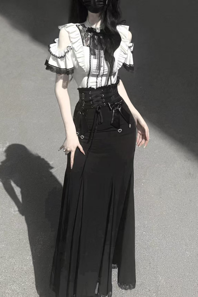 [pre-order] Off-shoulder Ruffle Tops + Mermaid Skirt + Ribbon