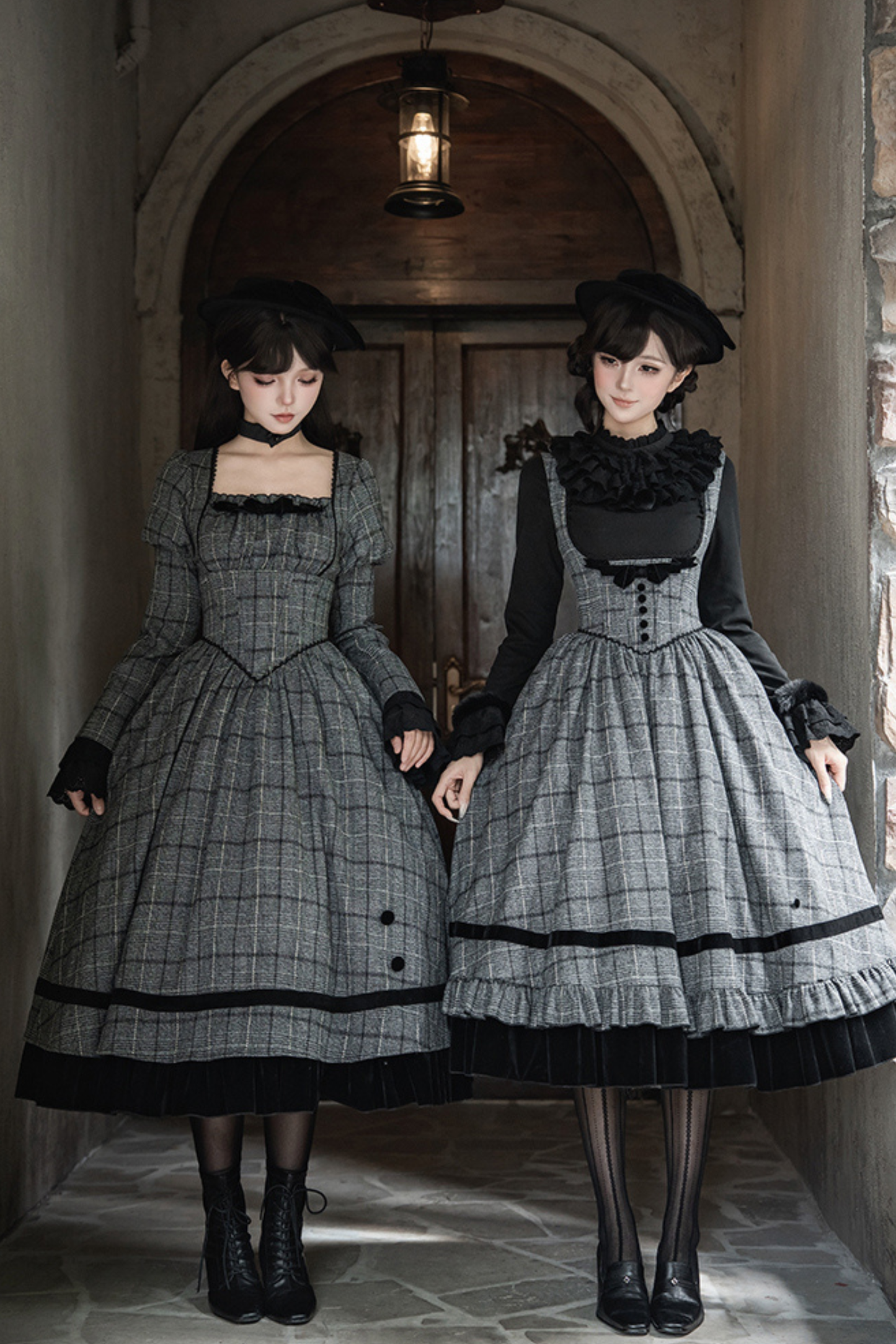 Plaid Fishbone Chest Jsk + Dress + Innerwear + Ribbon + Hat
