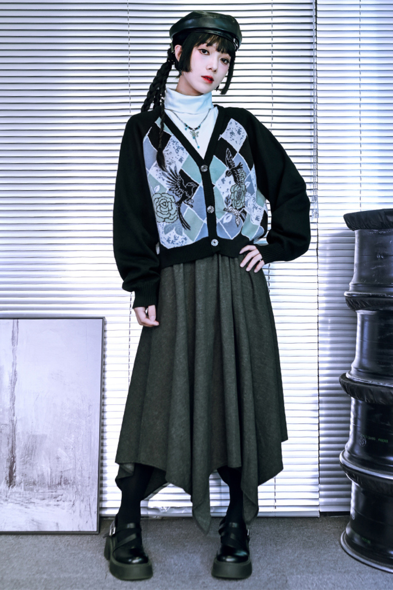 Argyle Cardigan + Asymmetric Skirt