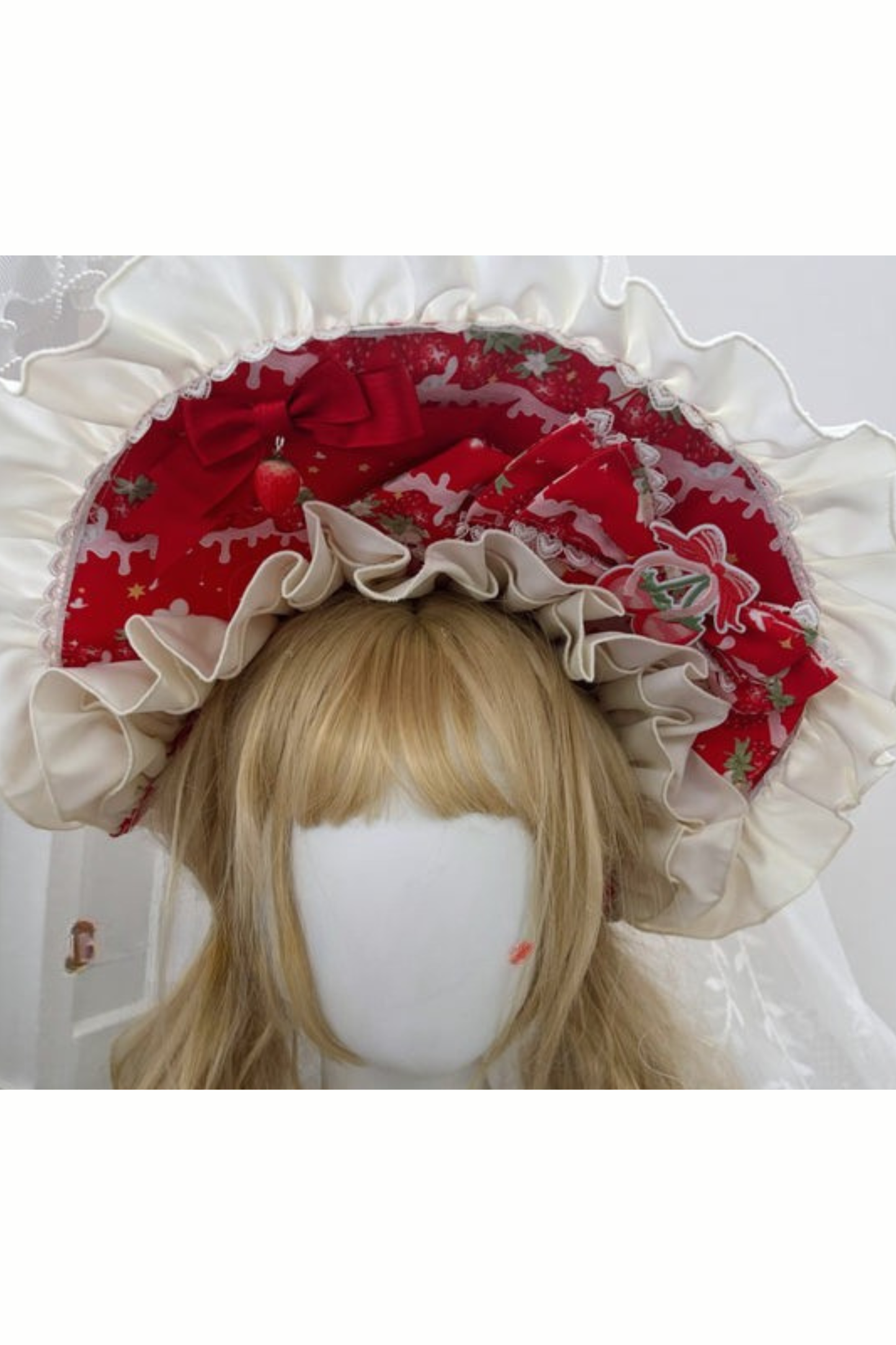 Strawberry Lolita Jumper Skirt + Rabbit Hair Scarf + Big Ribbon + Top + Hat + Bonnet