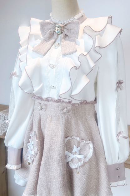 Lace Shoulder Ribbon Blouse + Skirt