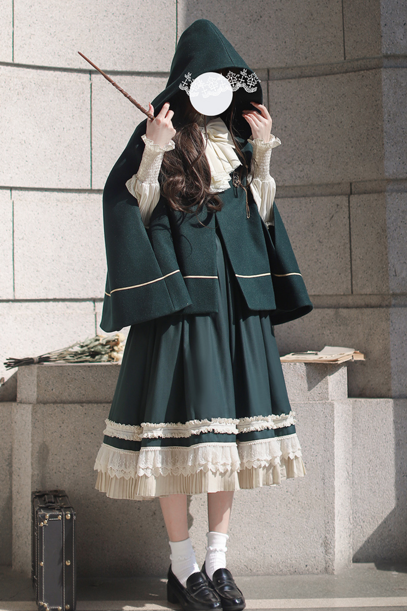 [pre-order] Retro Academia Jumper Skirt + Striped Shirt + Hooded Cape + Short Jacket + Collar + Brooch