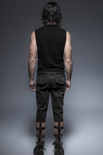 Black V-neck Chest Leather Hasp Metal Rings Cross Lace-up Punk Vest