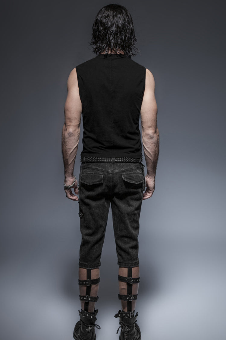 Black V-neck Chest Leather Hasp Metal Rings Cross Lace-up Punk Vest