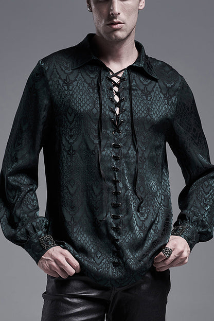 Jacquard Long Sleeve Front Metal Eyelets Lace Up Metal Carving Buckle Cuff Gothic Shirt 3 Colors