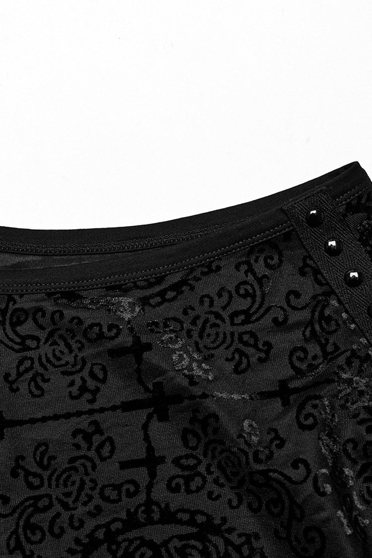 Black Sleeveless Beaded Cross Flocking Print Gothic Tank Top
