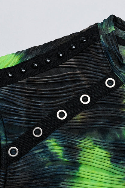 Black/green Stand Collar Sleeveless Tie-dyed Punk Vest