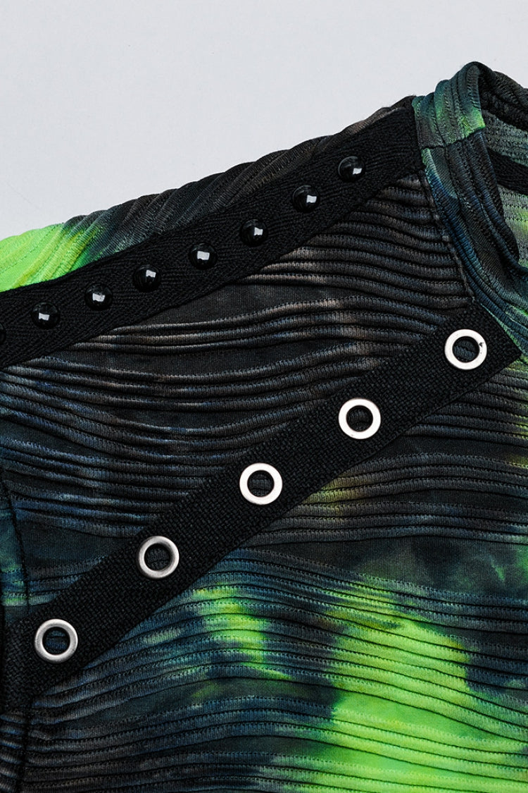 Black/green Stand Collar Sleeveless Tie-dyed Punk Vest